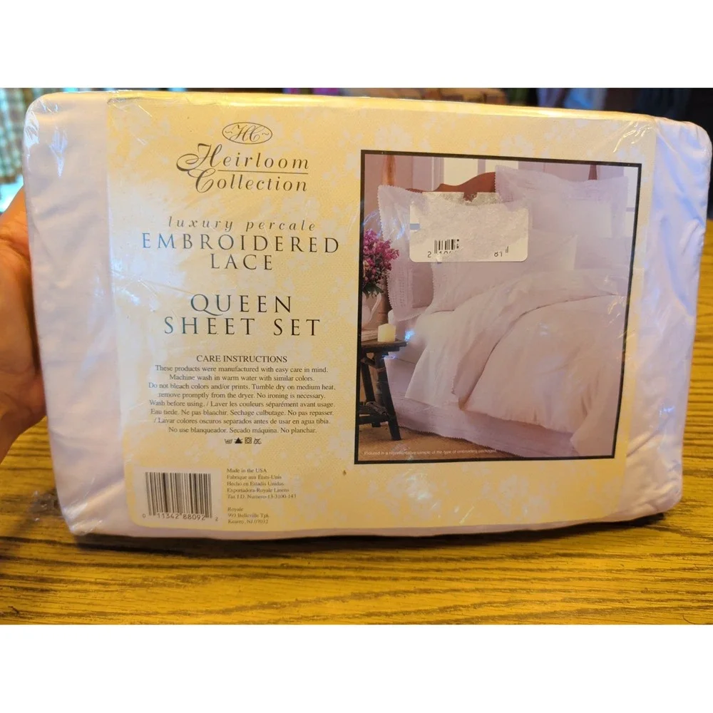 New Vintage Heirloom Collection Luxury Percale Embroidered Lace Queen Sheet Set